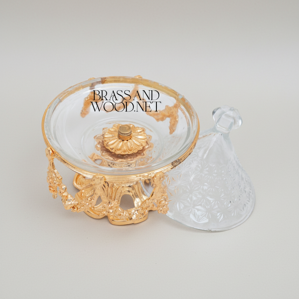 Rococo Crystal Glass Bonbonniere with Ornate Brass Swag Stand & Conical Lid