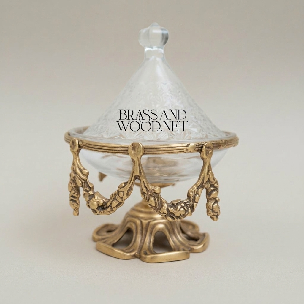 Rococo Crystal Glass Bonbonniere with Ornate Brass Swag Stand & Conical Lid — Antique Gold