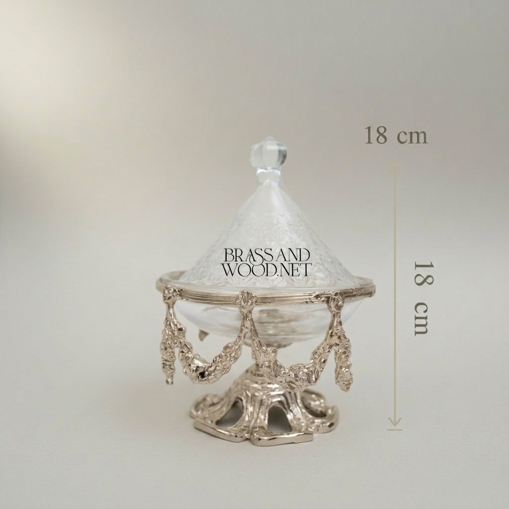 Rococo Crystal Glass Bonbonniere with Ornate Brass Swag Stand & Conical Lid — Silver