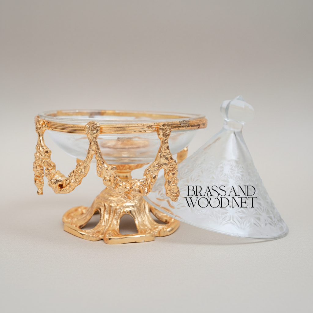 Rococo Crystal Glass Bonbonniere with Ornate Brass Swag Stand & Conical Lid