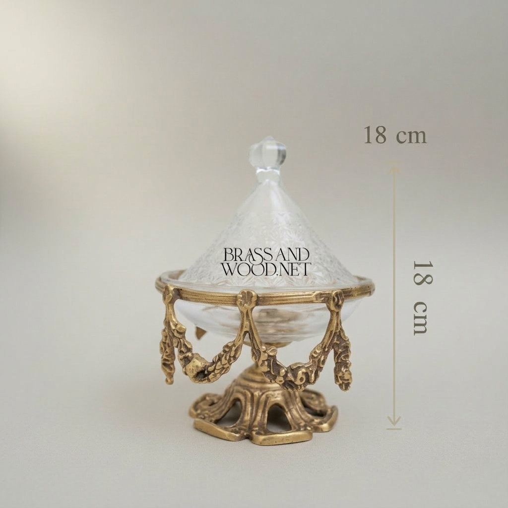 Rococo Crystal Glass Bonbonniere with Ornate Brass Swag Stand & Conical Lid — Antique Gold