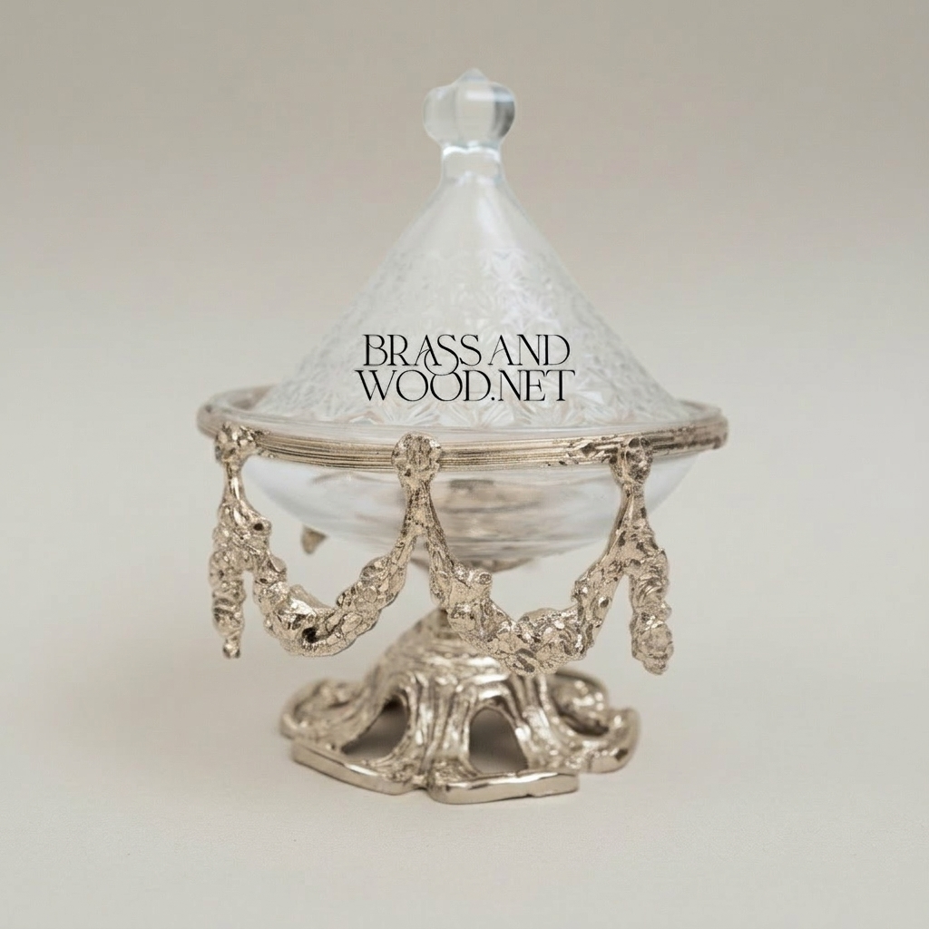 Rococo Crystal Glass Bonbonniere with Ornate Brass Swag Stand & Conical Lid — Silver