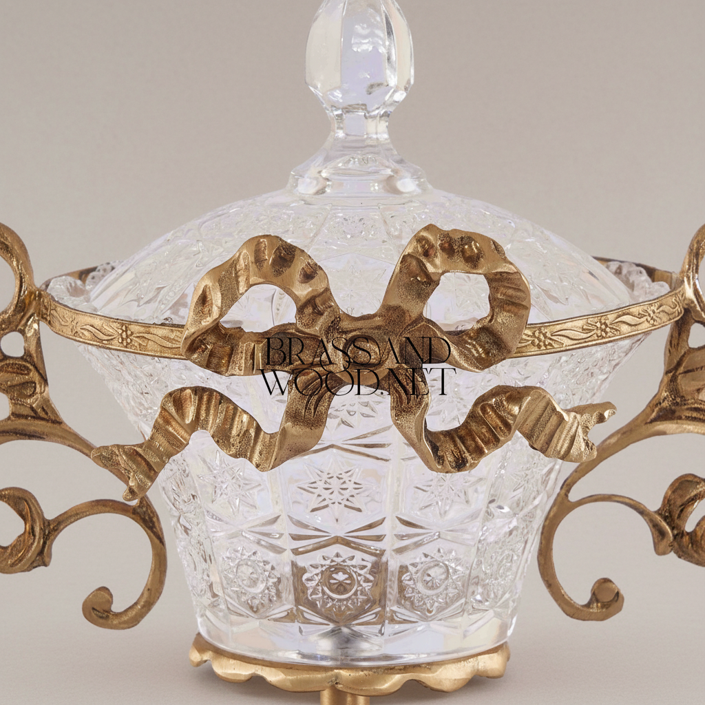 Rococo Crystal Lidded Bonbonniere with Acanthus Brass Frame