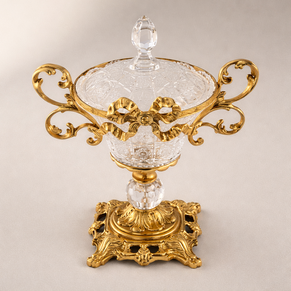 Rococo Crystal Lidded Bonbonniere with Acanthus Brass Frame — Gold