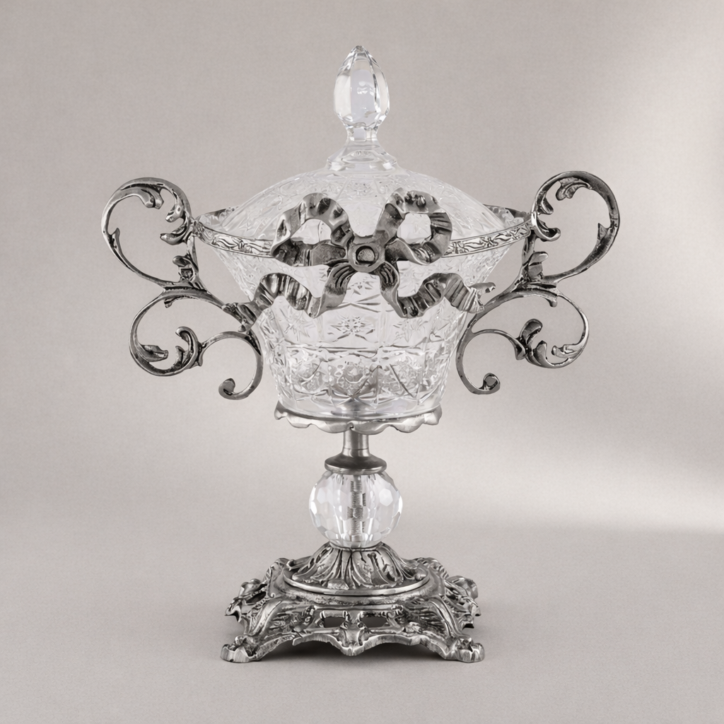 Rococo Crystal Lidded Bonbonniere with Acanthus Brass Frame — Silver