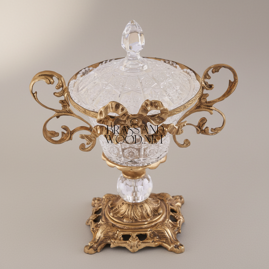 Rococo Crystal Lidded Bonbonniere with Acanthus Brass Frame — Antique Gold