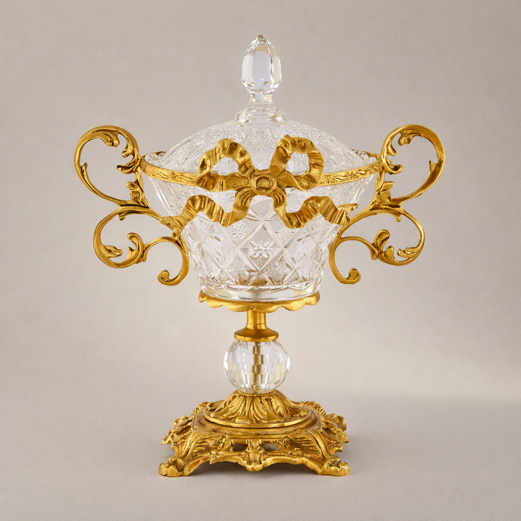 Rococo Crystal Lidded Bonbonniere with Acanthus Brass Frame — Gold
