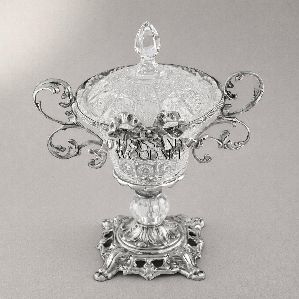 Rococo Crystal Lidded Bonbonniere with Acanthus Brass Frame — Silver