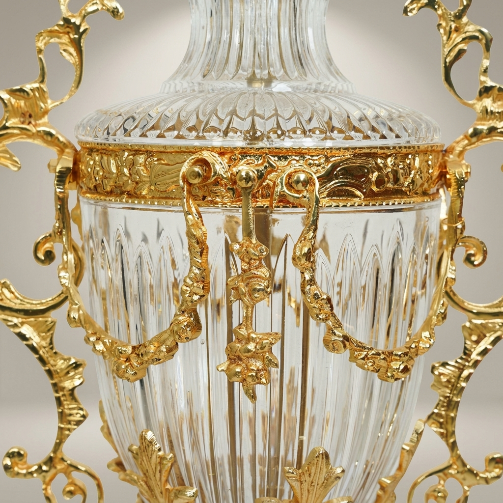 Rococo Crystal Lidded Trophy Vase with Scrollwork Brass Mounts & Acanthus Base — Gold