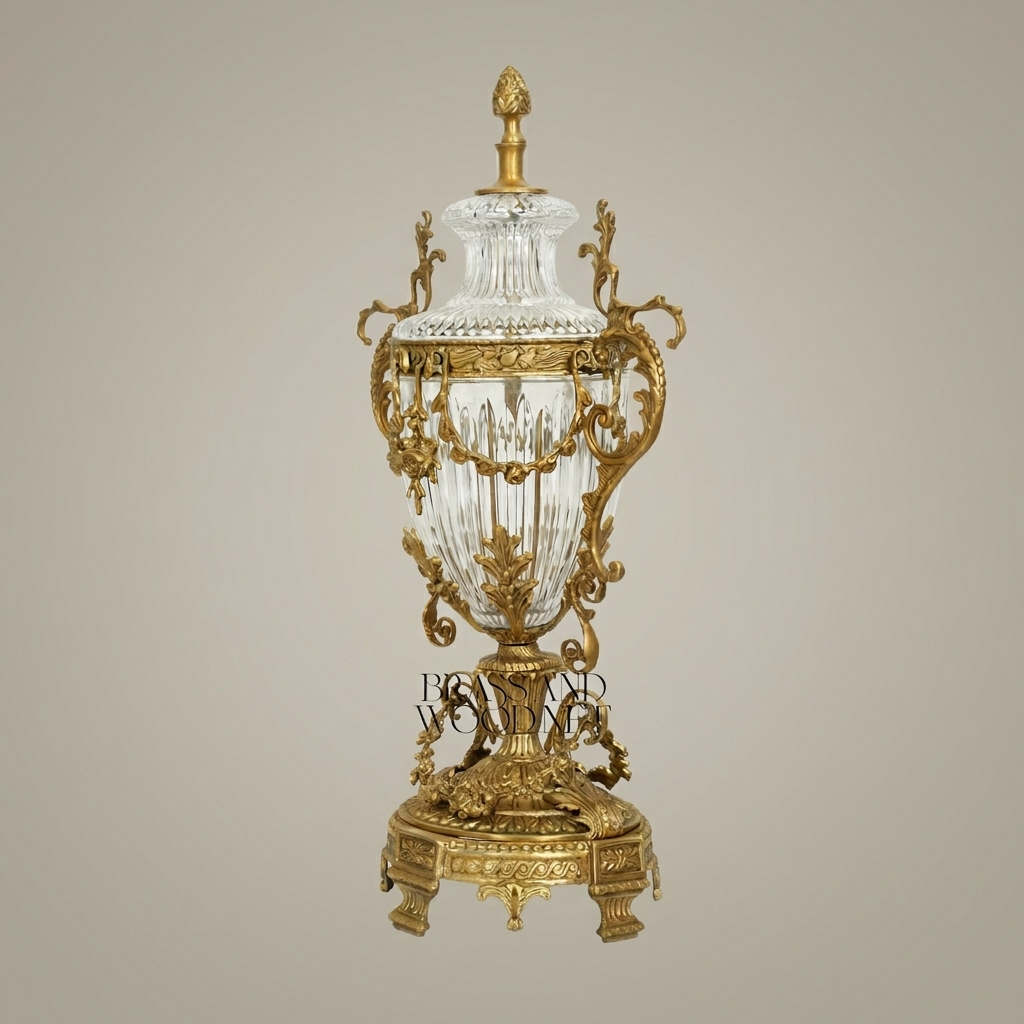 Rococo Crystal Lidded Trophy Vase with Scrollwork Brass Mounts & Acanthus Base — Antique Gold