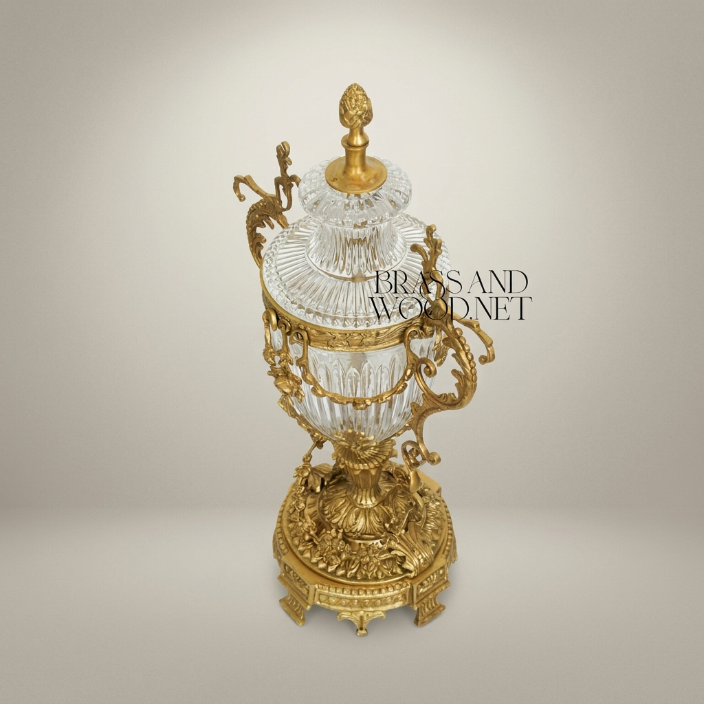 Rococo Crystal Lidded Trophy Vase with Scrollwork Brass Mounts & Acanthus Base — Antique Gold