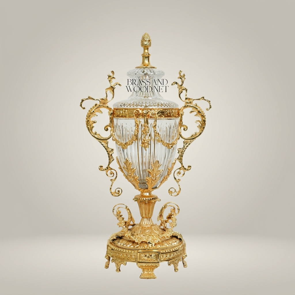 Rococo Crystal Lidded Trophy Vase with Scrollwork Brass Mounts & Acanthus Base — Gold
