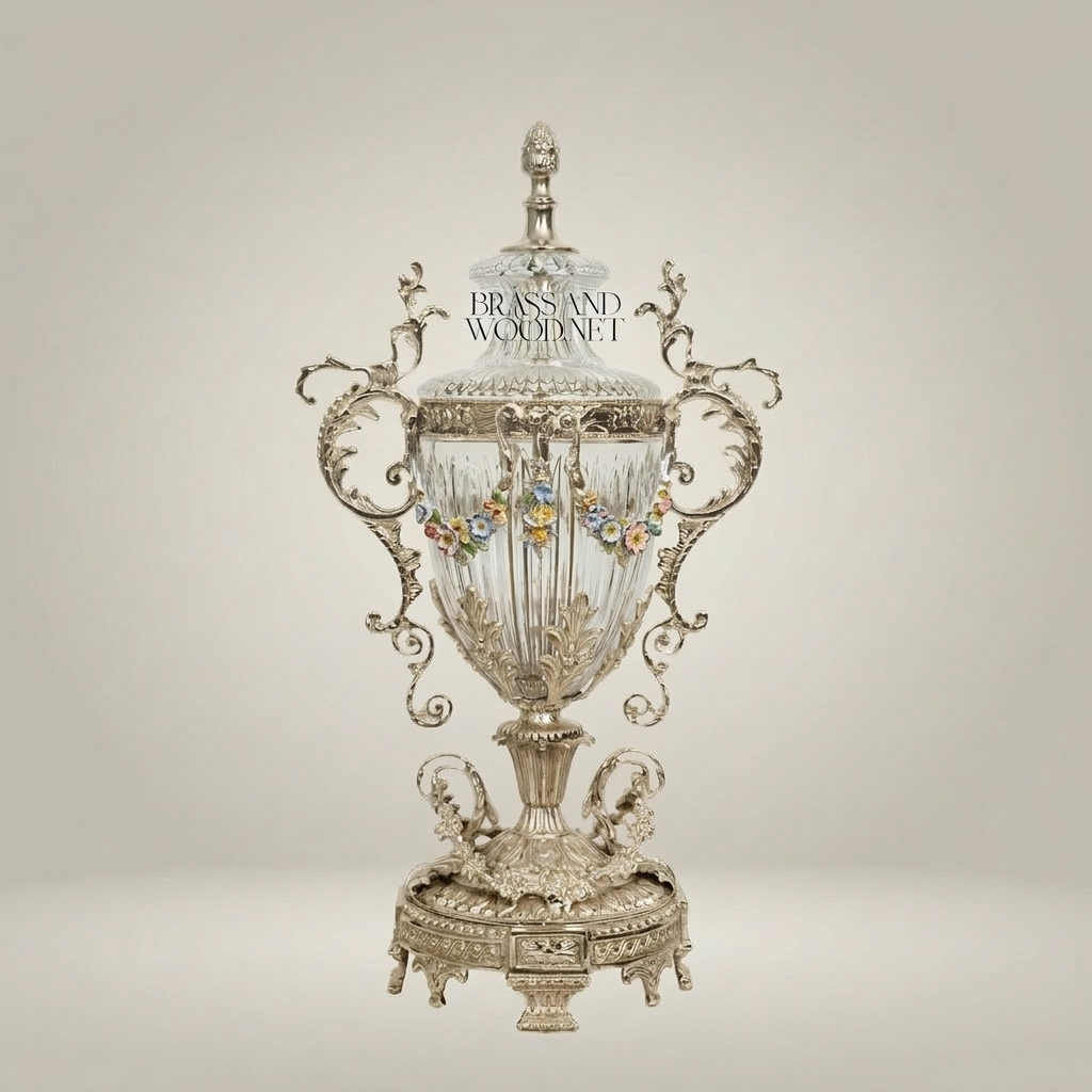Rococo Crystal Lidded Trophy Vase with Scrollwork Brass Mounts & Acanthus Base — Silver