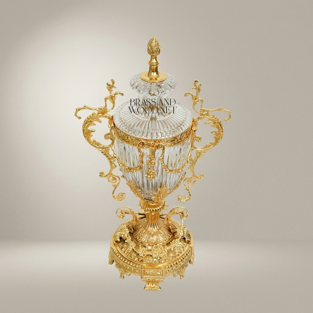 Rococo Crystal Lidded Trophy Vase with Scrollwork Brass Mounts & Acanthus Base — Gold