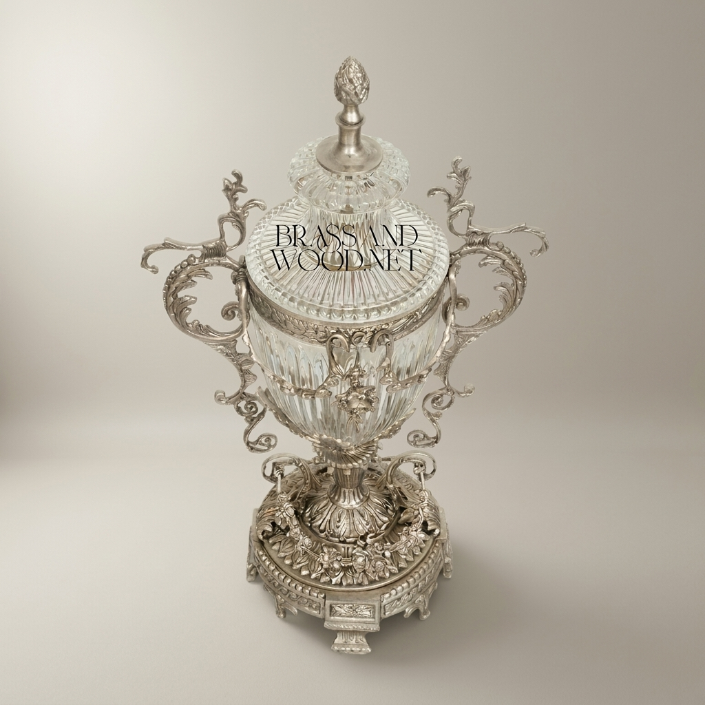 Rococo Crystal Lidded Trophy Vase with Scrollwork Brass Mounts & Acanthus Base — Silver