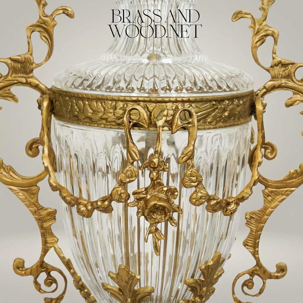 Rococo Crystal Lidded Trophy Vase with Scrollwork Brass Mounts & Acanthus Base — Antique Gold