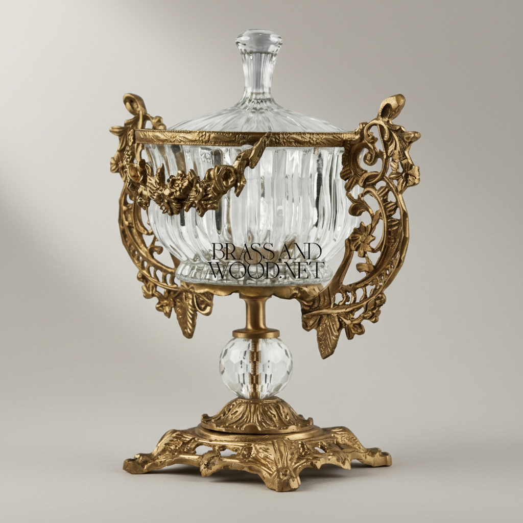 Rococo Crystal Lidded Urn Bonbonniere with Pierced Brass Handles