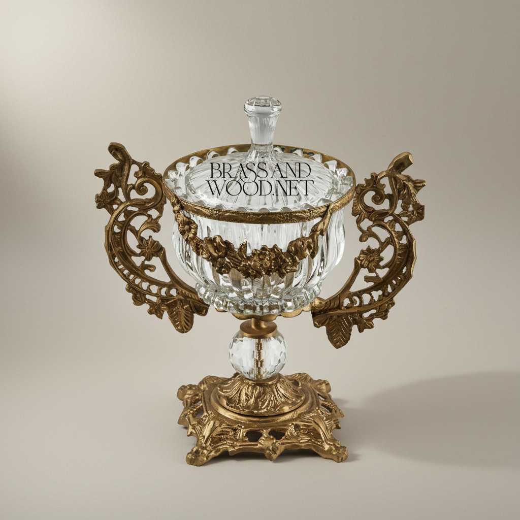 Rococo Crystal Lidded Urn Bonbonniere with Pierced Brass Handles — Antique Gold