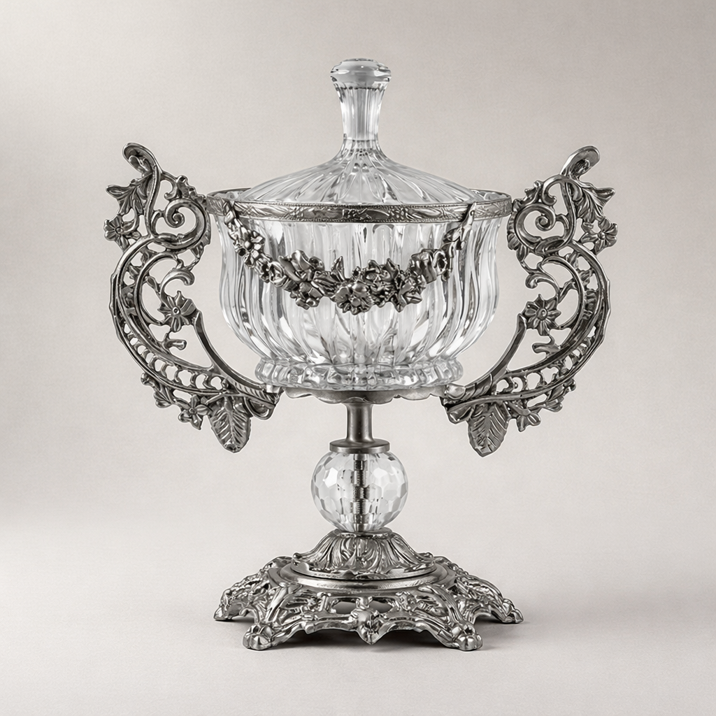 Rococo Crystal Lidded Urn Bonbonniere with Pierced Brass Handles — Silver