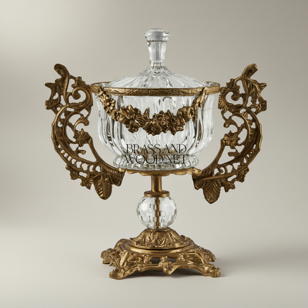 Rococo Crystal Lidded Urn Bonbonniere with Pierced Brass Handles — Antique Gold