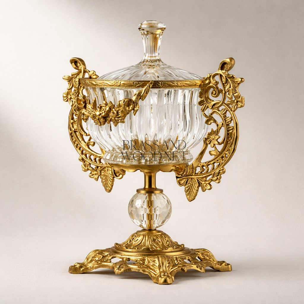 Rococo Crystal Lidded Urn Bonbonniere with Pierced Brass Handles — Gold