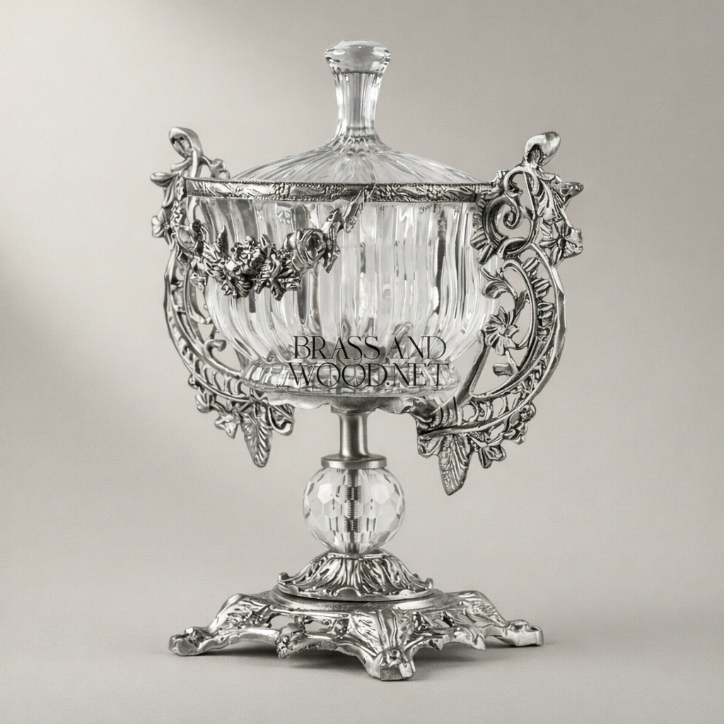 Rococo Crystal Lidded Urn Bonbonniere with Pierced Brass Handles — Silver