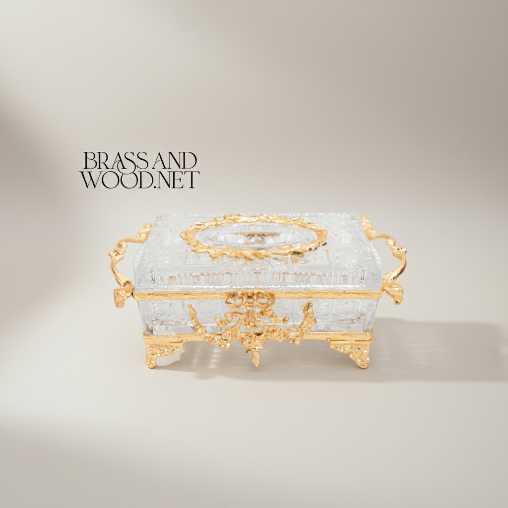 Rococo Crystal & Metal Tissue Box - Floral Swag & Scroll Frame — Gold