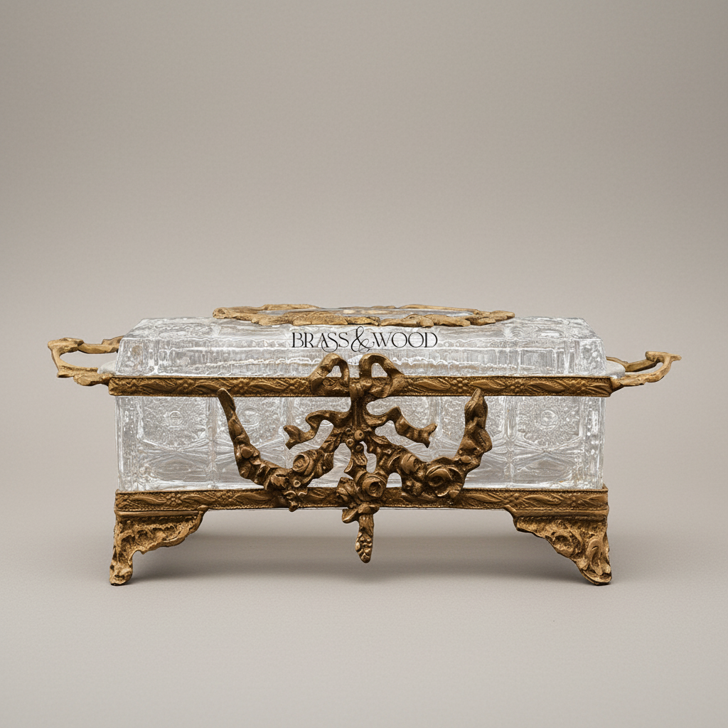 Rococo Crystal & Metal Tissue Box - Floral Swag & Scroll Frame — Antique Gold