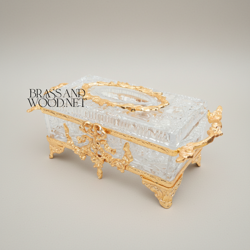 Rococo Crystal & Metal Tissue Box - Floral Swag & Scroll Frame — Gold