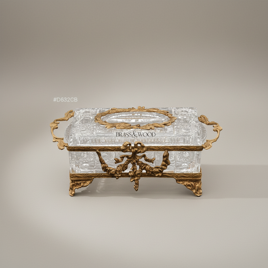 Rococo Crystal & Metal Tissue Box - Floral Swag & Scroll Frame — Antique Gold
