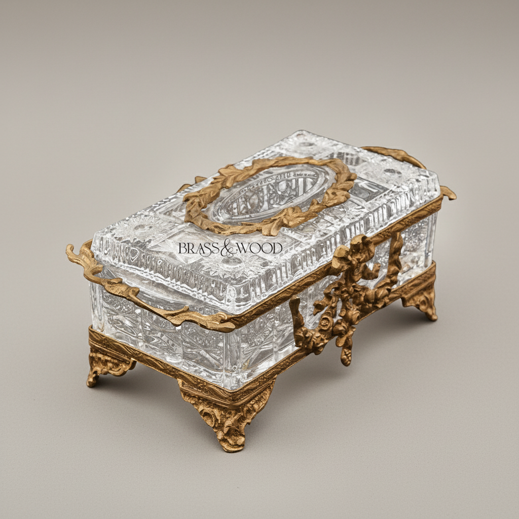 Rococo Crystal & Metal Tissue Box - Floral Swag & Scroll Frame — Antique Gold