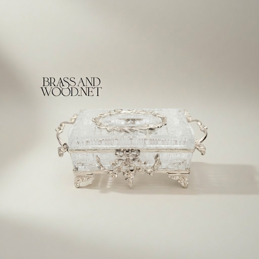 Rococo Crystal & Metal Tissue Box - Floral Swag & Scroll Frame