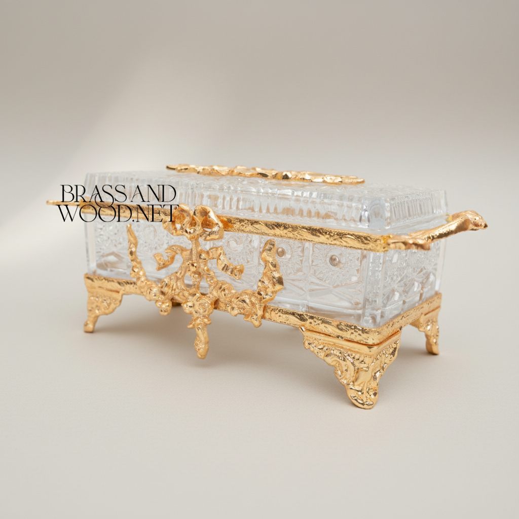 Rococo Crystal & Metal Tissue Box - Floral Swag & Scroll Frame — Gold
