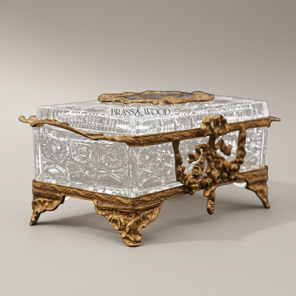 Rococo Crystal & Metal Tissue Box - Floral Swag & Scroll Frame — Antique Gold