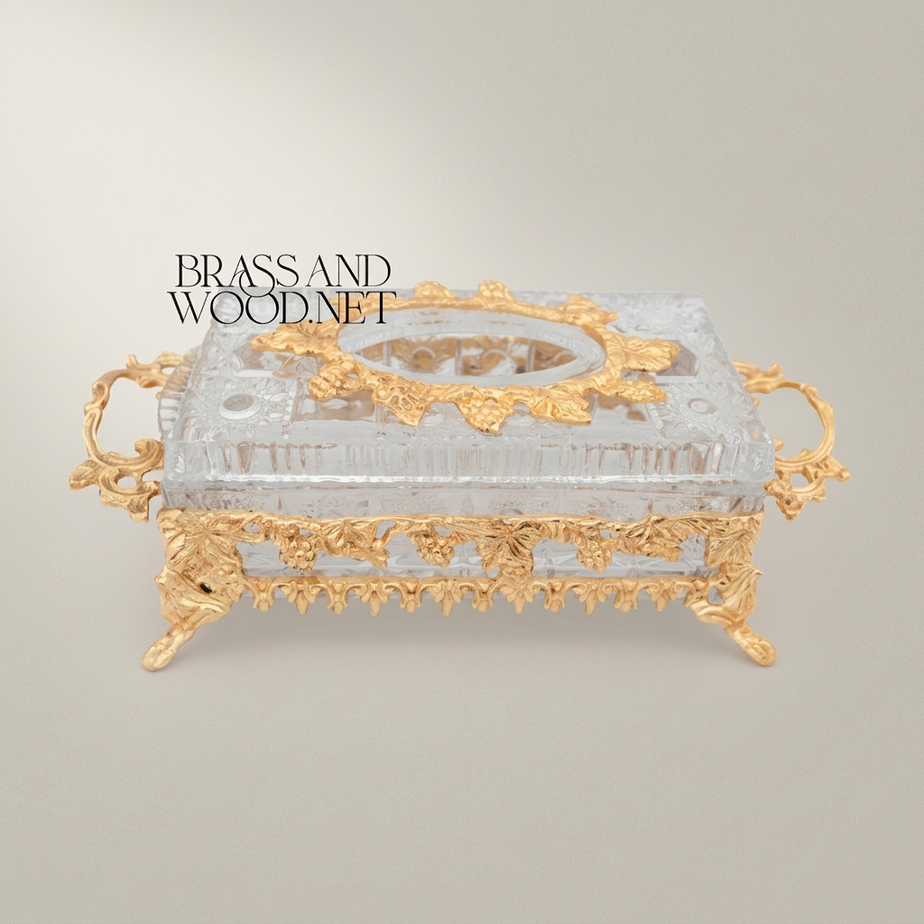 Rococo Crystal & Metal Tissue Box Holder with Grapevine Relief and Scroll Handles — Gold