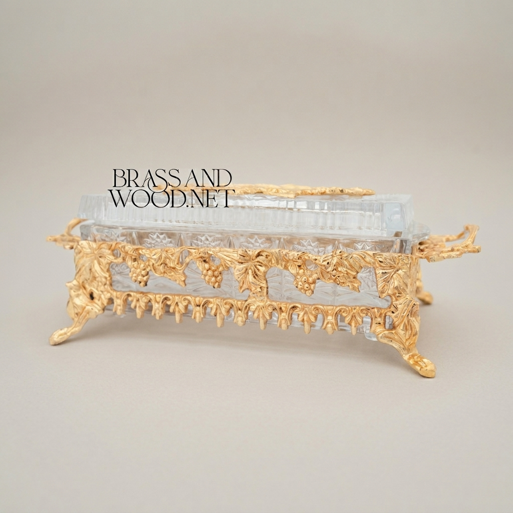 Rococo Crystal & Metal Tissue Box Holder with Grapevine Relief and Scroll Handles — Gold