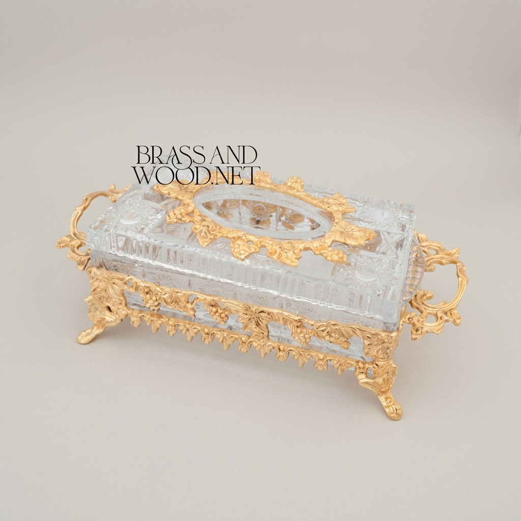Rococo Crystal & Metal Tissue Box Holder with Grapevine Relief and Scroll Handles — Gold