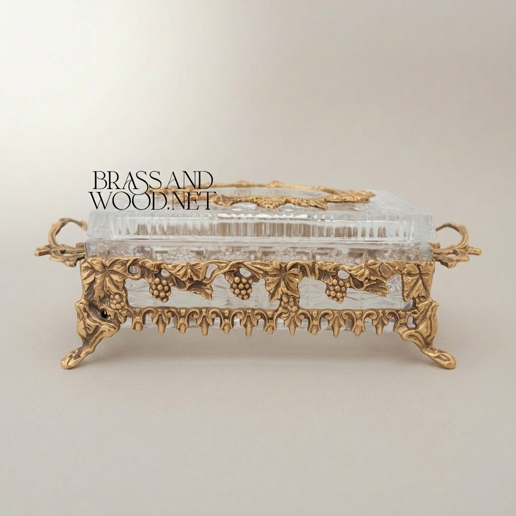 Rococo Crystal & Metal Tissue Box Holder with Grapevine Relief and Scroll Handles — Antique Gold