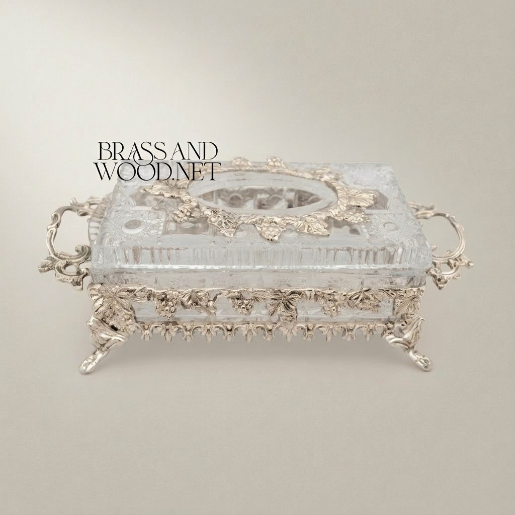 Rococo Crystal & Metal Tissue Box Holder with Grapevine Relief and Scroll Handles