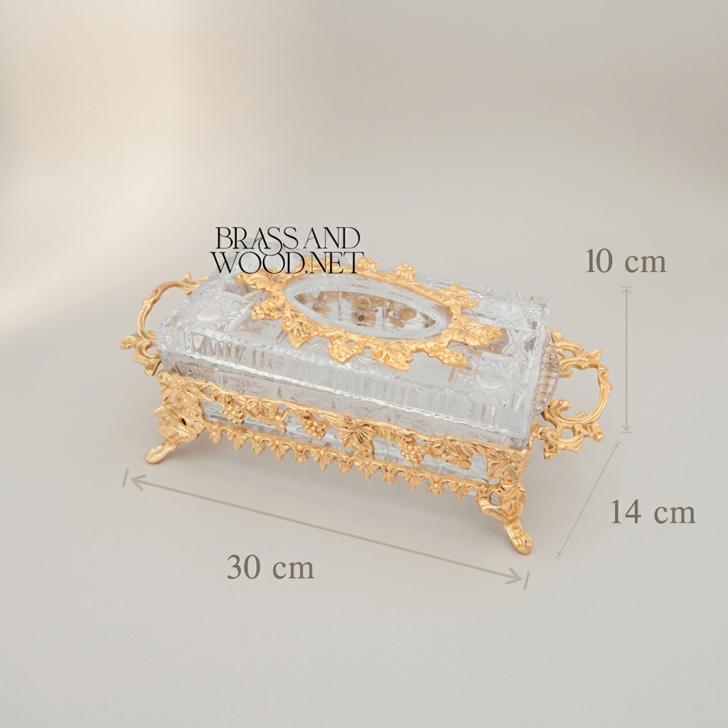 Rococo Crystal & Metal Tissue Box Holder with Grapevine Relief and Scroll Handles — Gold