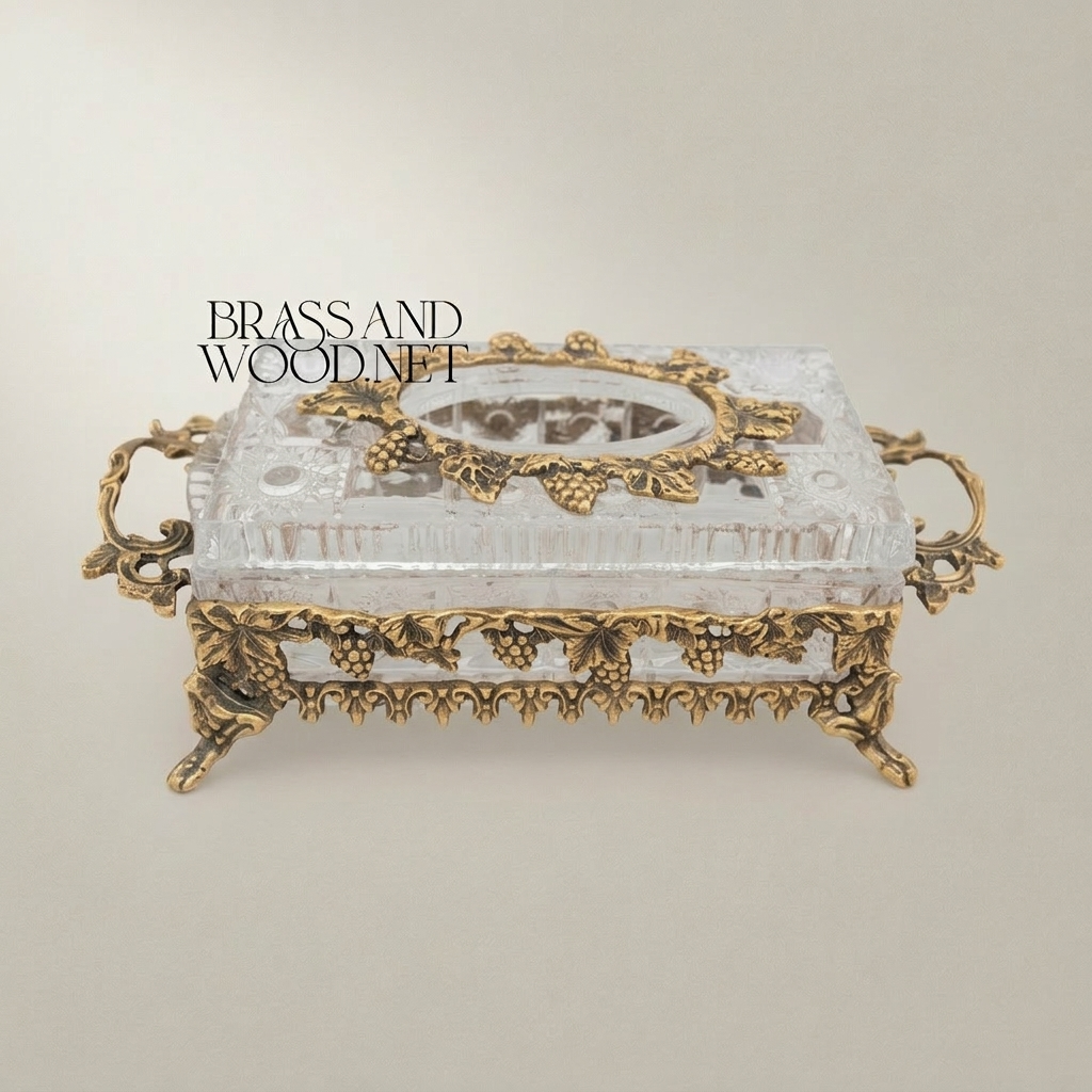 Rococo Crystal & Metal Tissue Box Holder with Grapevine Relief and Scroll Handles — Antique Gold