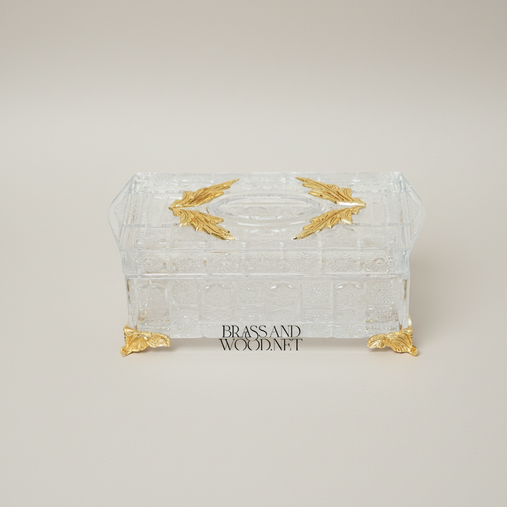 Rococo Crystal Tissue Box with Acanthus Metal Corner Mounts — Gold