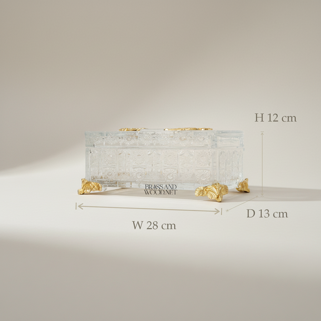 Rococo Crystal Tissue Box with Acanthus Metal Corner Mounts — Gold
