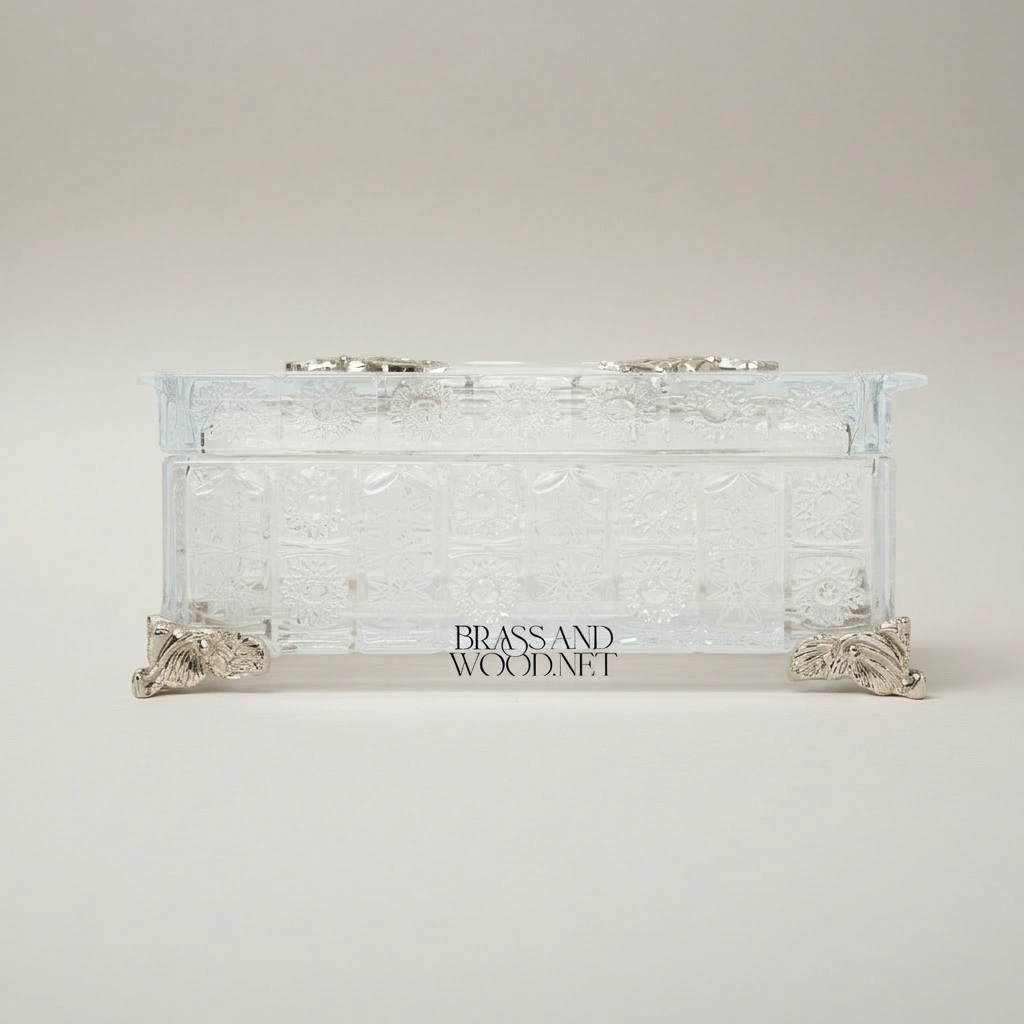 Rococo Crystal Tissue Box with Acanthus Metal Corner Mounts