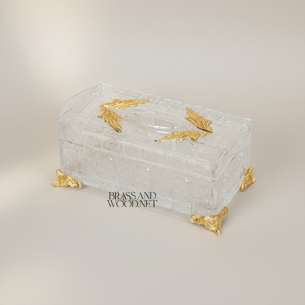 Rococo Crystal Tissue Box with Acanthus Metal Corner Mounts — Gold