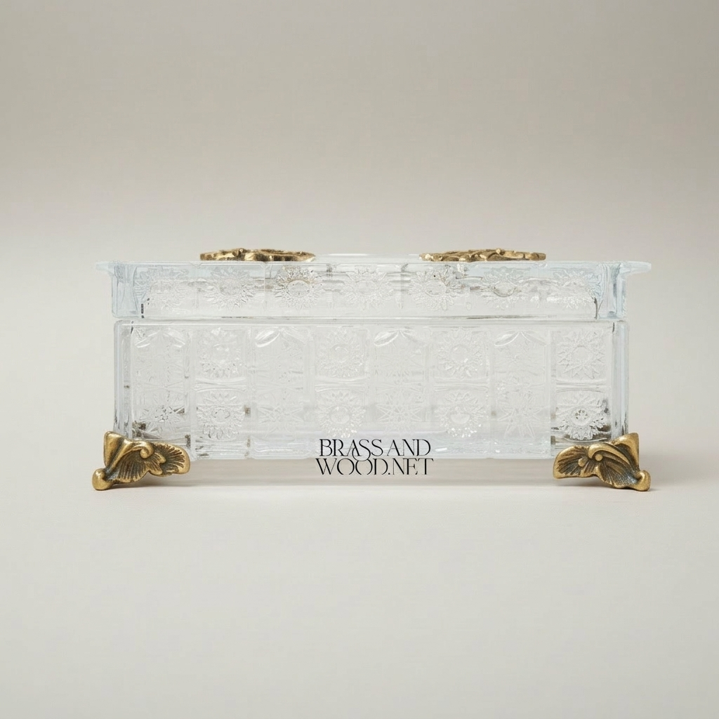 Rococo Crystal Tissue Box with Acanthus Metal Corner Mounts — Antique Gold
