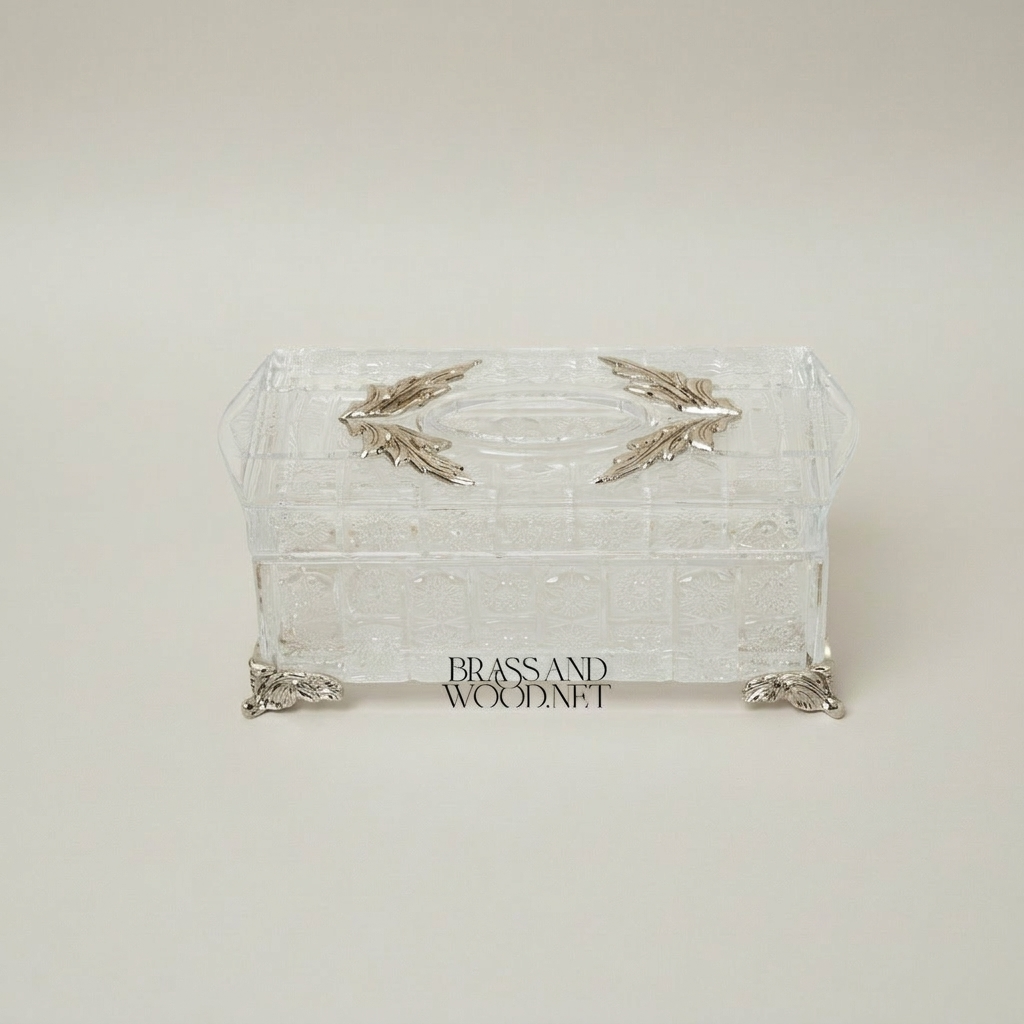 Rococo Crystal Tissue Box with Acanthus Metal Corner Mounts