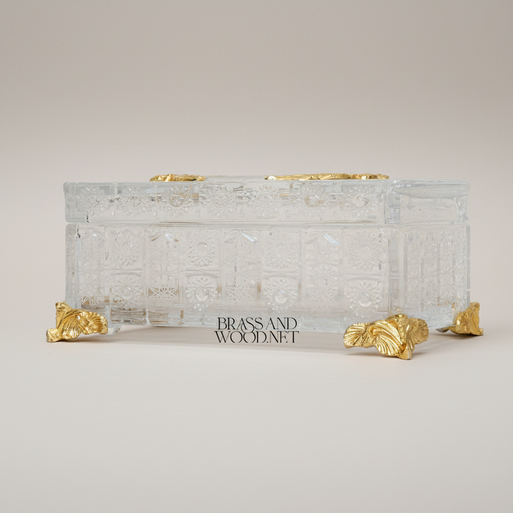 Rococo Crystal Tissue Box with Acanthus Metal Corner Mounts — Gold