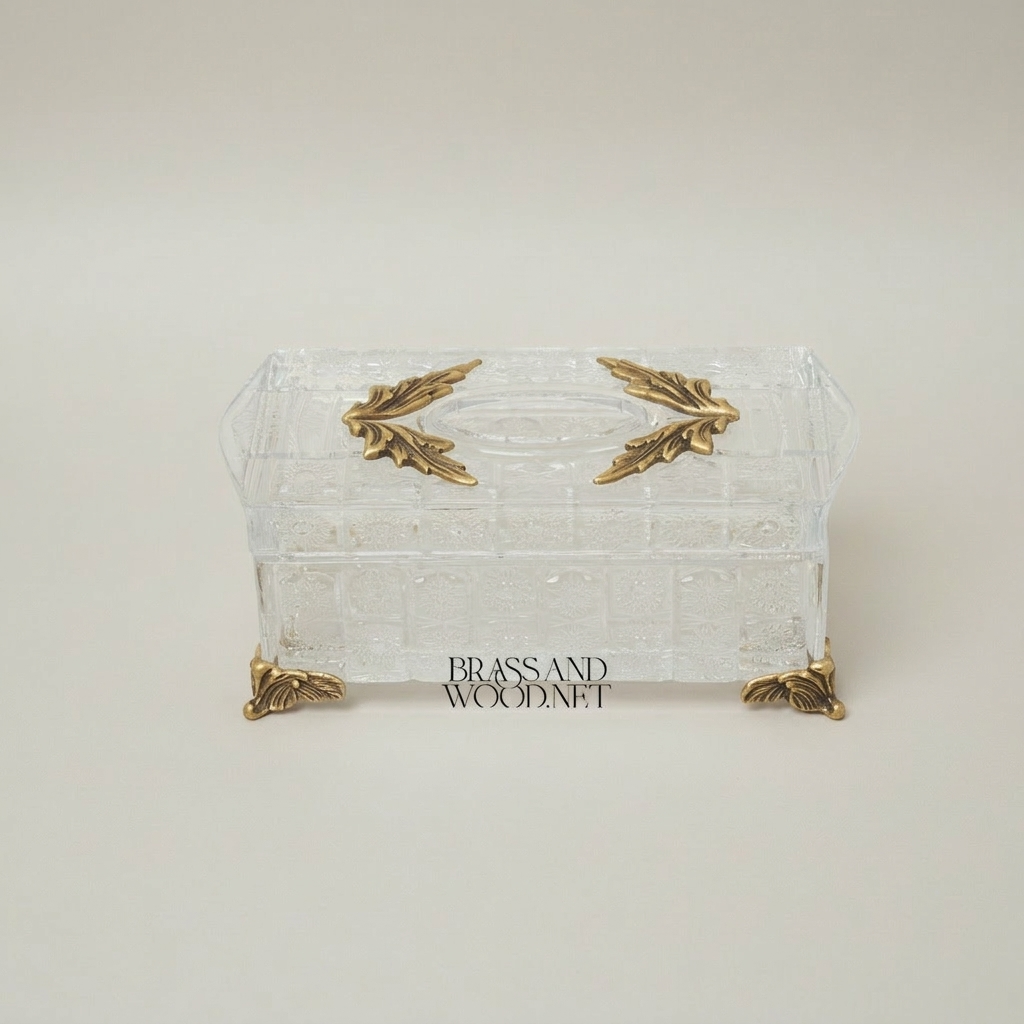 Rococo Crystal Tissue Box with Acanthus Metal Corner Mounts — Antique Gold