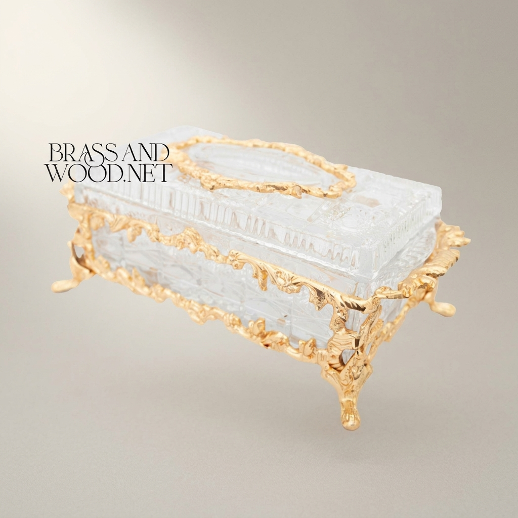 Rococo Crystal Tissue Box with Ornate Brass Acanthus Frame & Scroll Feet — Gold